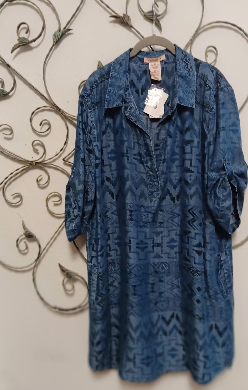 PHILOSOPHY NWT Aztec tribal print hi-lo collared 100% Tencel dress, XXL